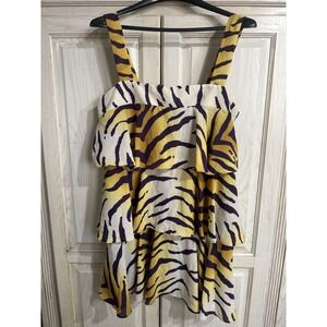 ADRIENNE Tiger Striped Print Dress LSU tigers Sz L Purple & Gold Ruffled Tiers